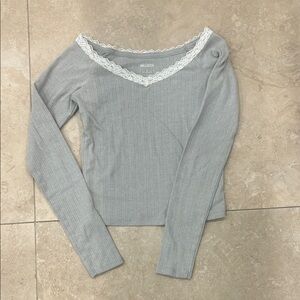 Hollister Gray Long Sleeve Top with Lace Trim